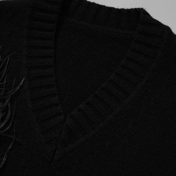 CHICJOC Women cashmere and wool V-neck sweater with handmade ostrich feather - Picture 10 of 15